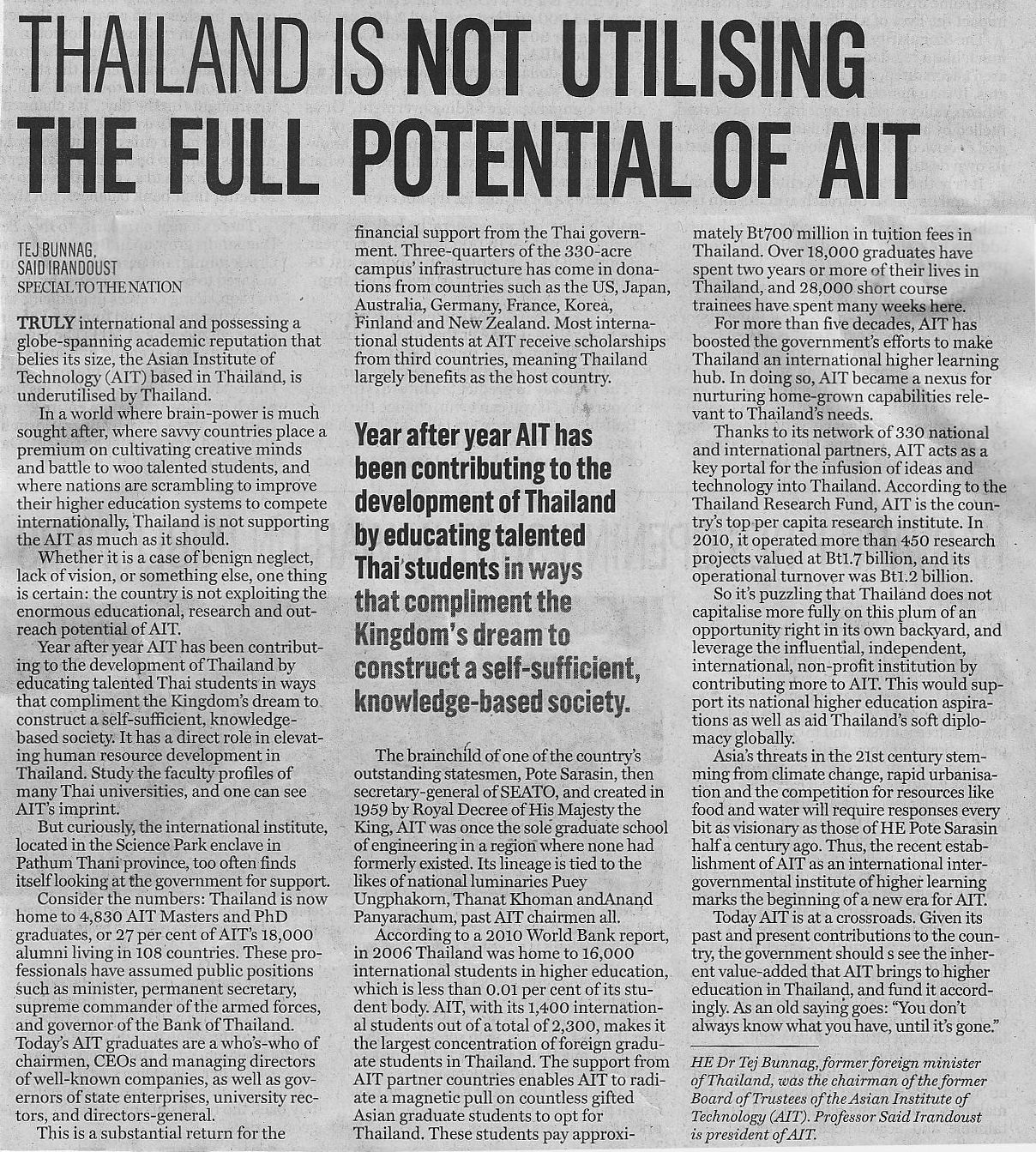 “Thailand is not utilizing the full potential of AIT”: article in The Nation