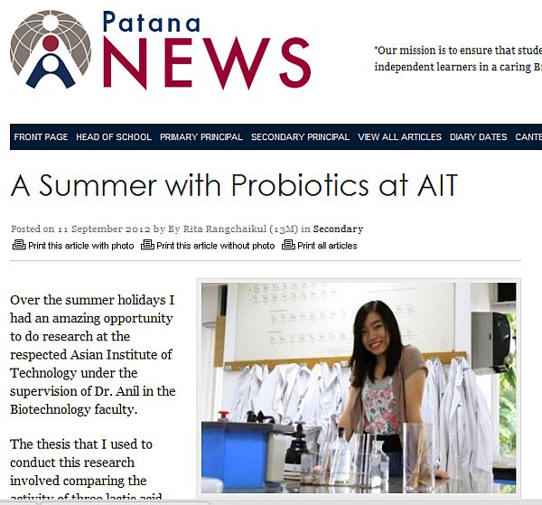 Bangkok high school senior writes on “A Summer with Probiotics at AIT”