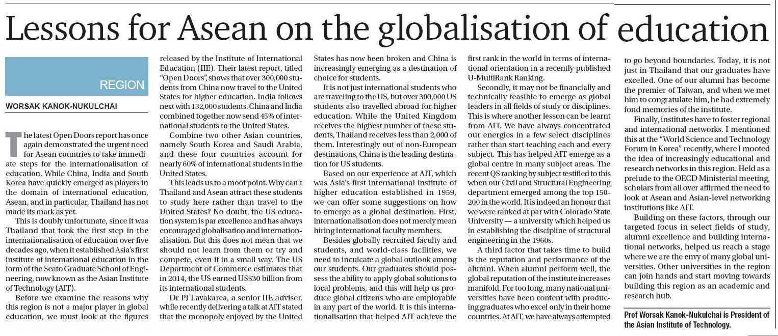 Prof Worsak’s Opinion Article in Bangkok Post: Lessons for Asean on the globalisation of education